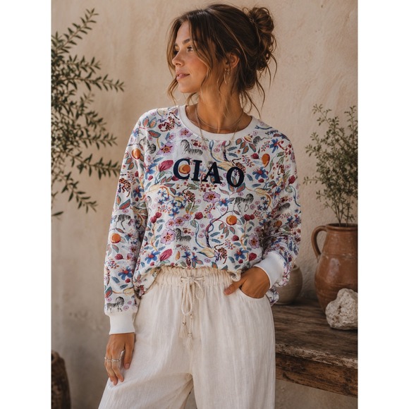 Maeve by Anthropologie Tops - Maeve Anthropologie Ciao Graphic Sweatshirt XS White Floral Zebra Leopard